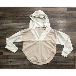 Pilcro Anthropologie Womens Small V Neck Hoodie Sweatshirt Beige White